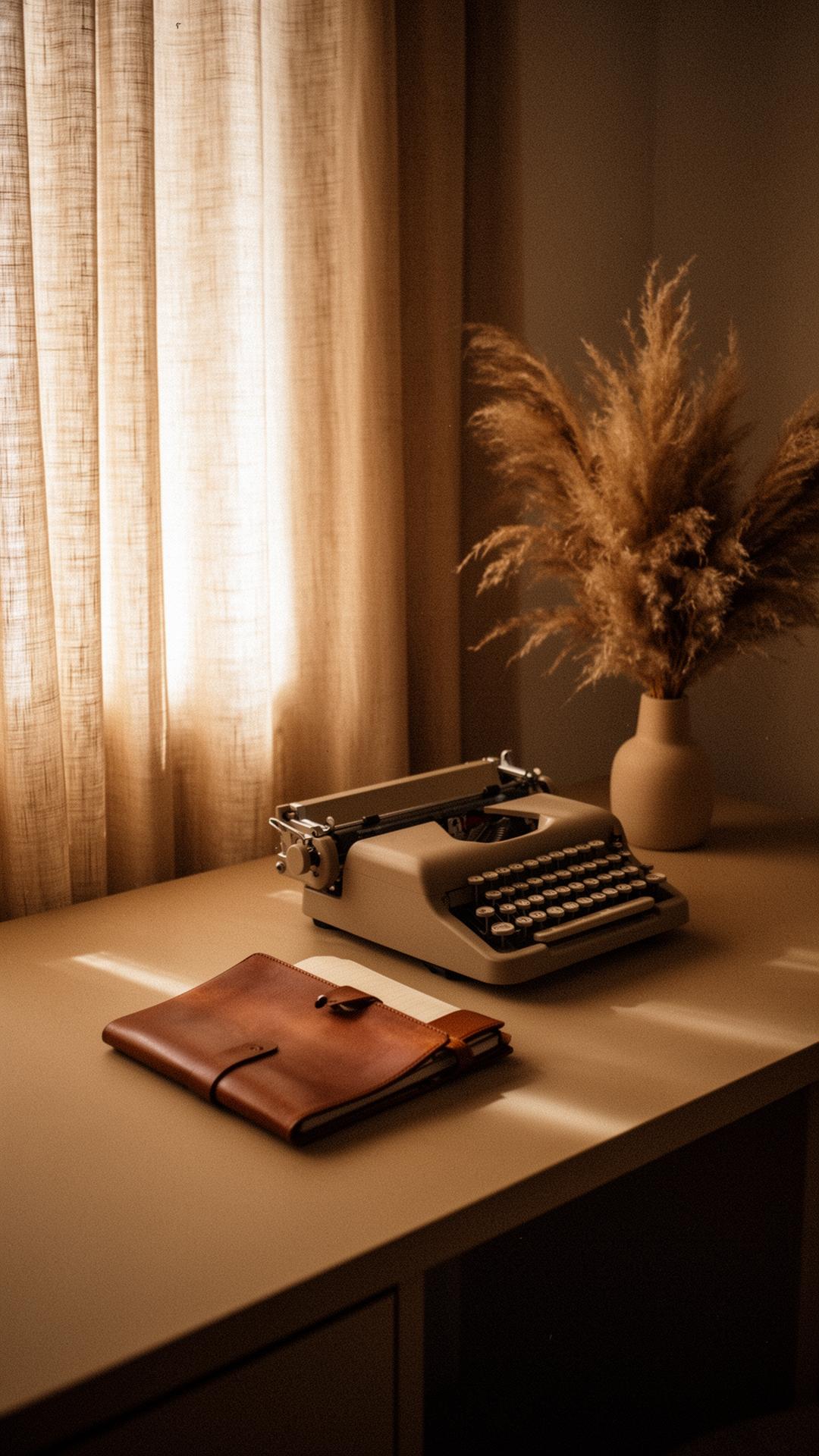 A warm, sunlit desk with a vintage typewriter, dried pampas, and a leather notebook